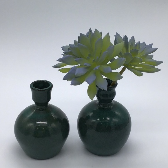 Pair of Studio Pottery Teal Green Glazed Candlestick Vase Holder - Picture 3 of 5
